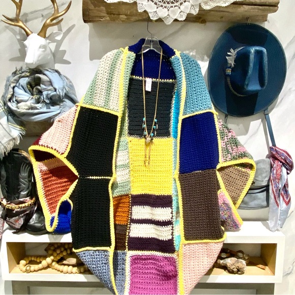 Artisan Patchwork boho cocoon kimono cover up w shabby chic granny cabin vibe - Picture 1 of 10